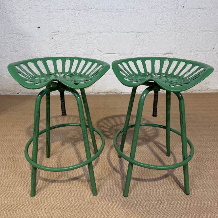 Pair Industrial Tractor Stools Vintage Style Adjustable Height Bar Seats Green