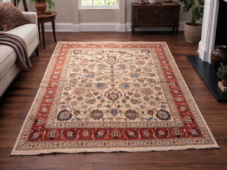 Very Large Antique Persian Carpet Rug Kashan Hand Knotted Wool 3.5m x 3m Handmade Vintage Cream Red