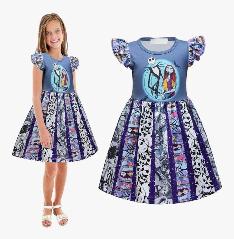 SINSEN Kids Sally Halloween Costume Short Sleeve Dress for Girls 4-11 Years