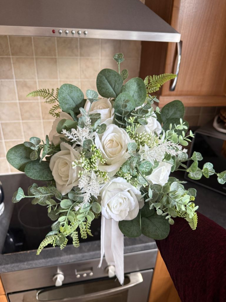 White and Sage Green Artificial Bridal Bouquet