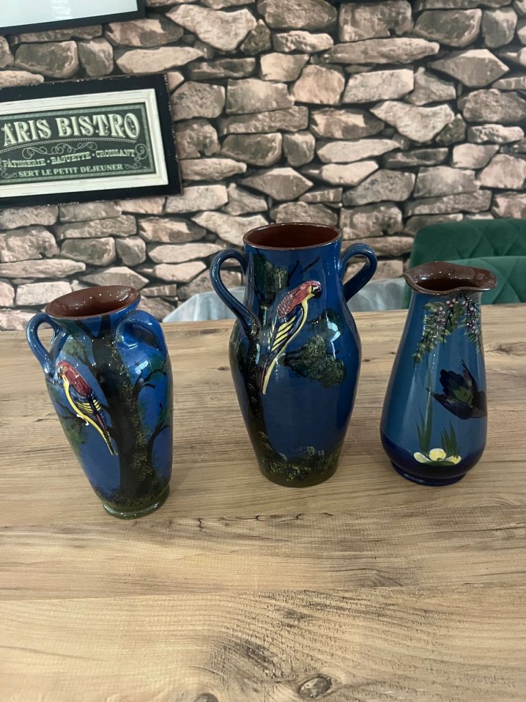 3 Torquay Pottery Parrot style ceramic Vases