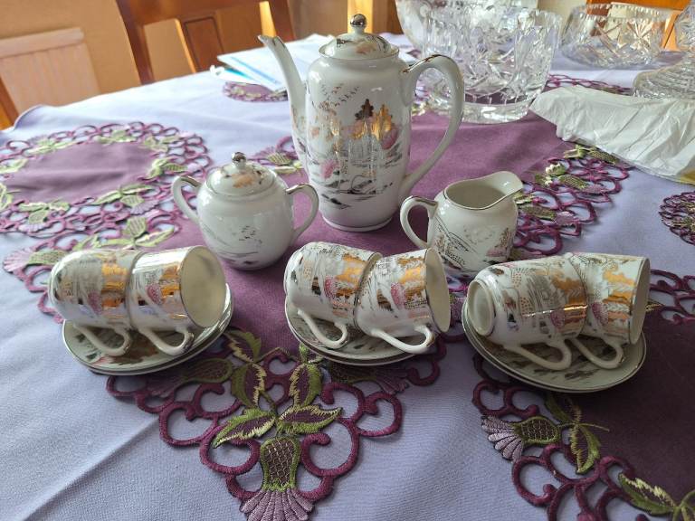 Vintage Japanese Tea Set - White Ceramic with Gold Detail