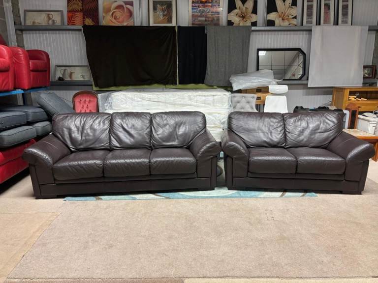 Brown Leather 2 and 3 Seater Sofas 