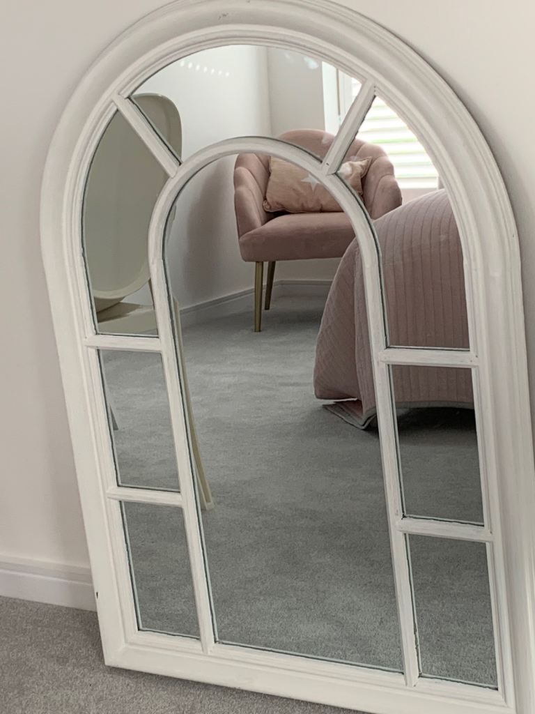 White wooden arched window mirror 