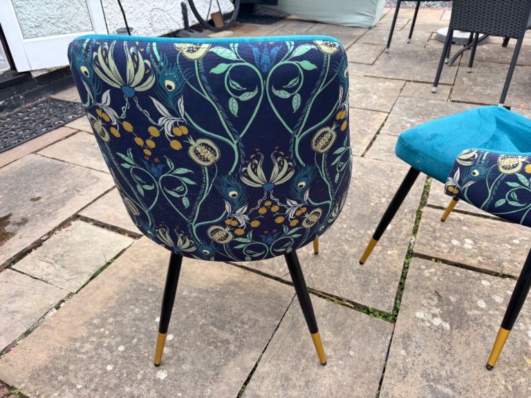 Four chairs Teal Velvet Dining Chairs with Patterned Backs