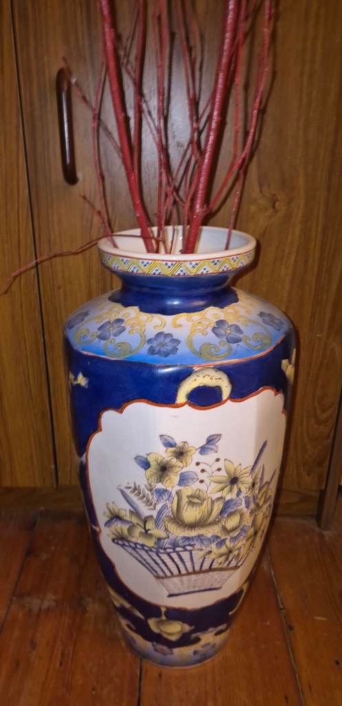 Large Blue, Yellow and White Ceramic Vase with Floral Design