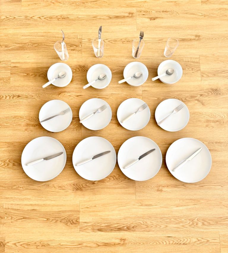 Full White Dinnerware Set with glasses & Cutlery – Good Condition
