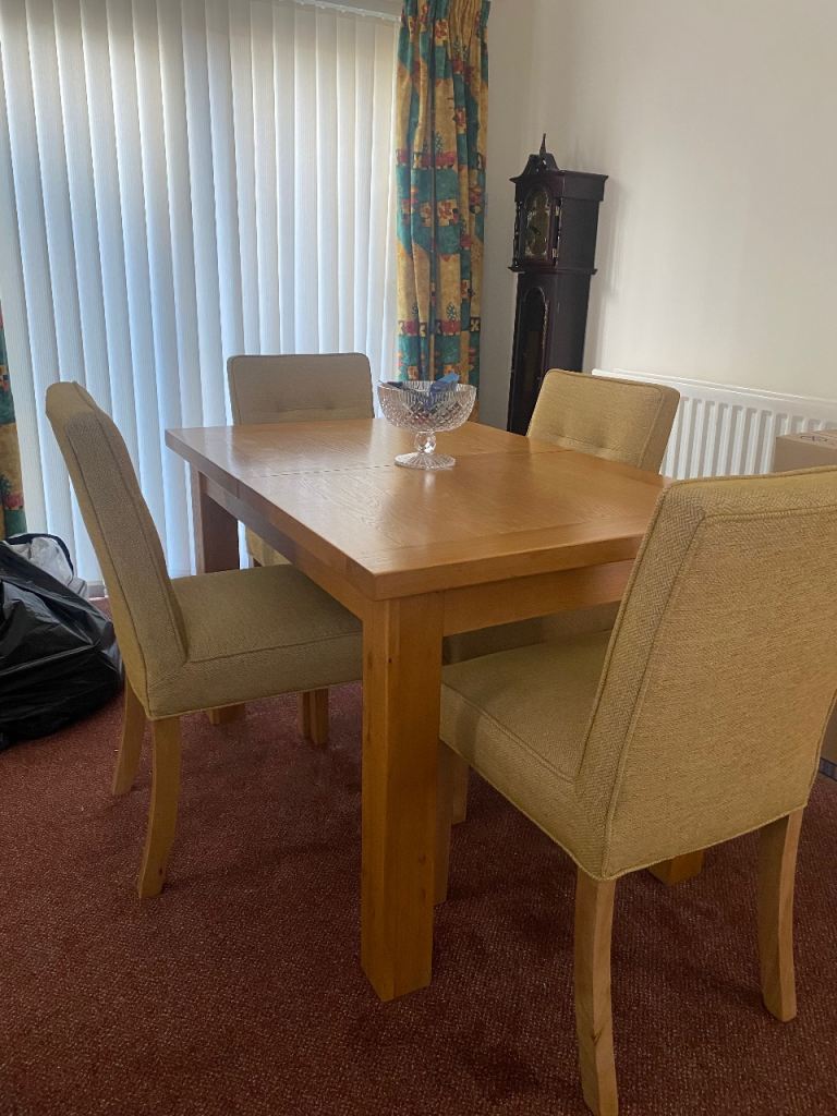 Oak Dining Table & 4 Gold Upholstered Chairs
