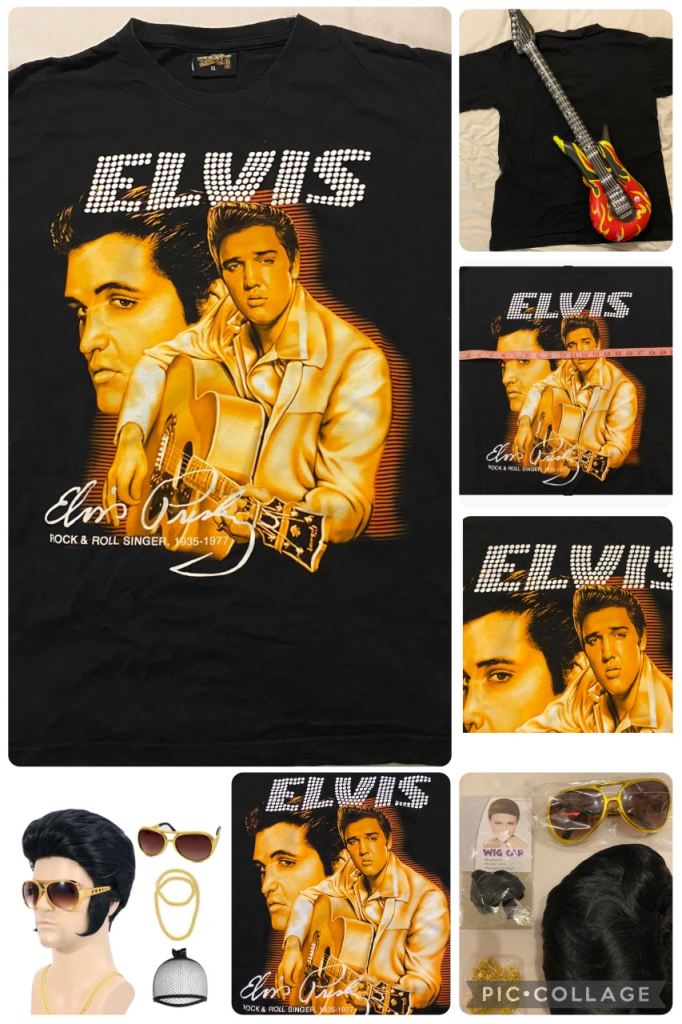 Elvis XL T-Shirt plus wig/sideburns,Gold like glasses,Gold like thick neclace,blow up guitar&wig net