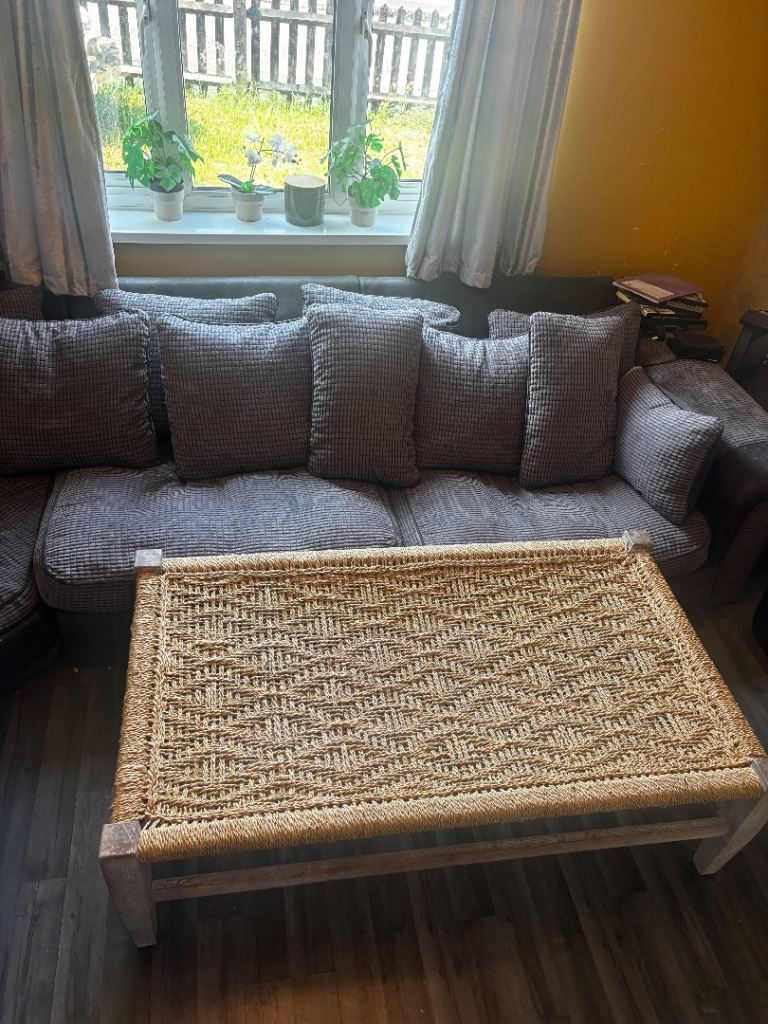 Beige Woven Top Coffee Table with Light Wood Frame