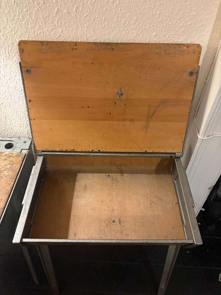 Vintage 1950s ESAVIAN school desk with hinged lid in light wood with metal frame