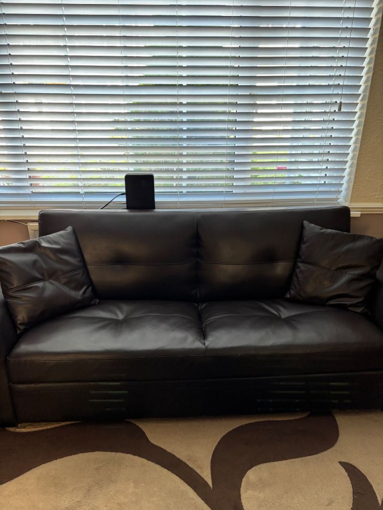 Comfy Brown Leather Sofa Bed with Cushions – Fair Condition