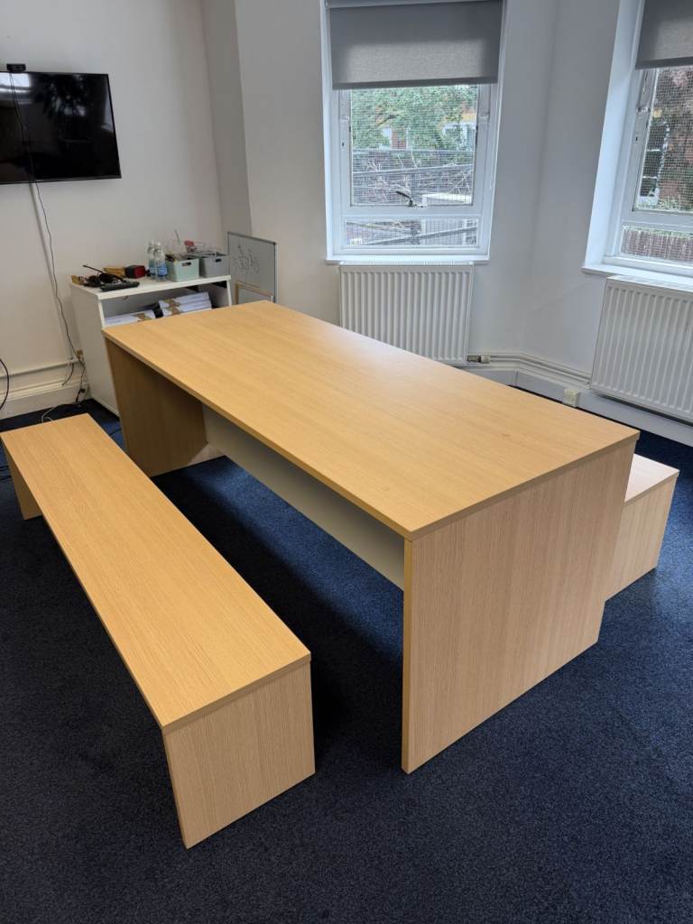 Large Light Wood Office Table and Matching Benches – Very Good condition
