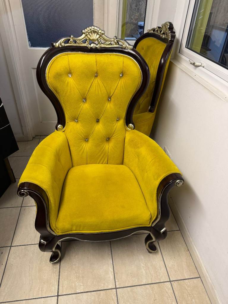 Collection from Croydon - Victorian style upholstered yellow retro chair armchair