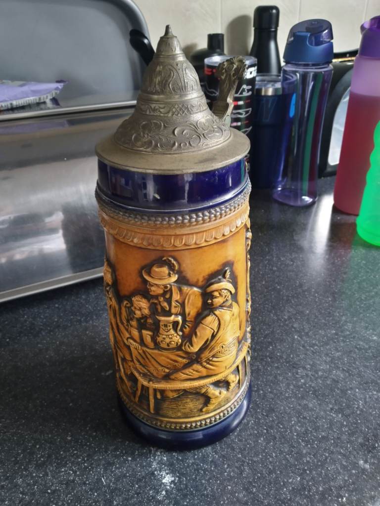 Collectible vintage German ceramic beer stein jug pewter lid 