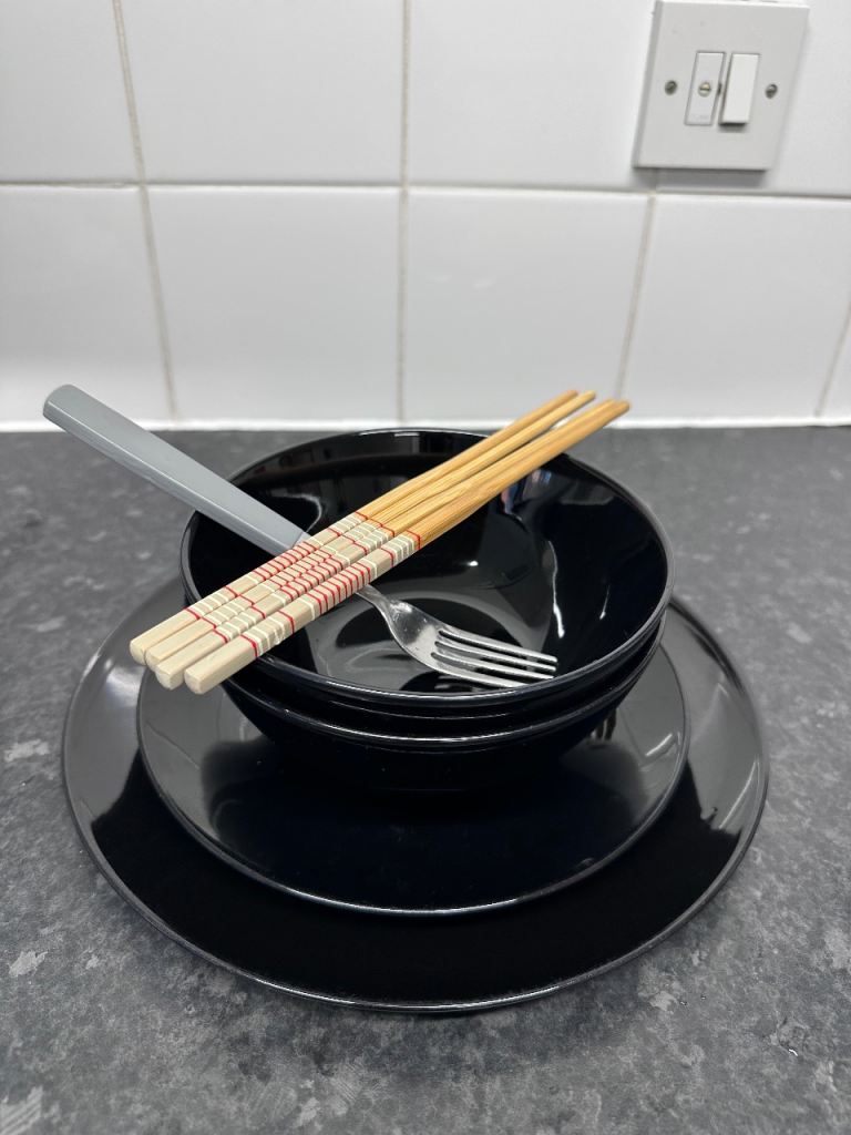 Black Dinnerware Set with Chopsticks – Good Condition