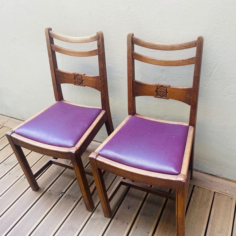 Vintage Oak Chairs, Loose Purple Vinyl Seat
