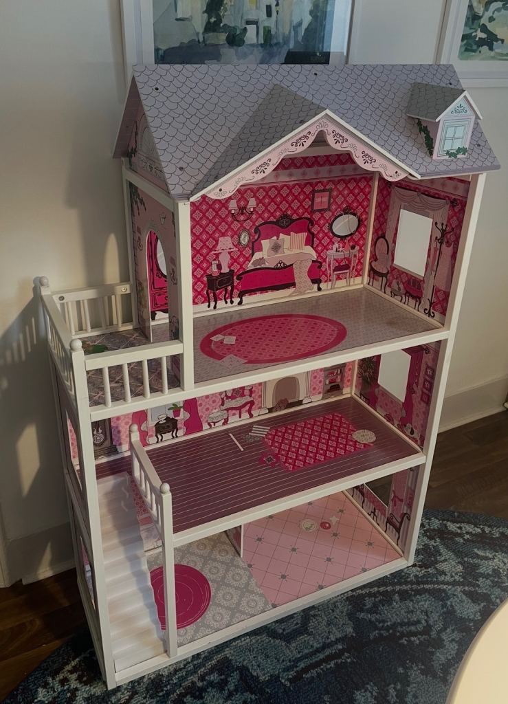 Large Wooden Doll's House – Pink and White, Good Condition