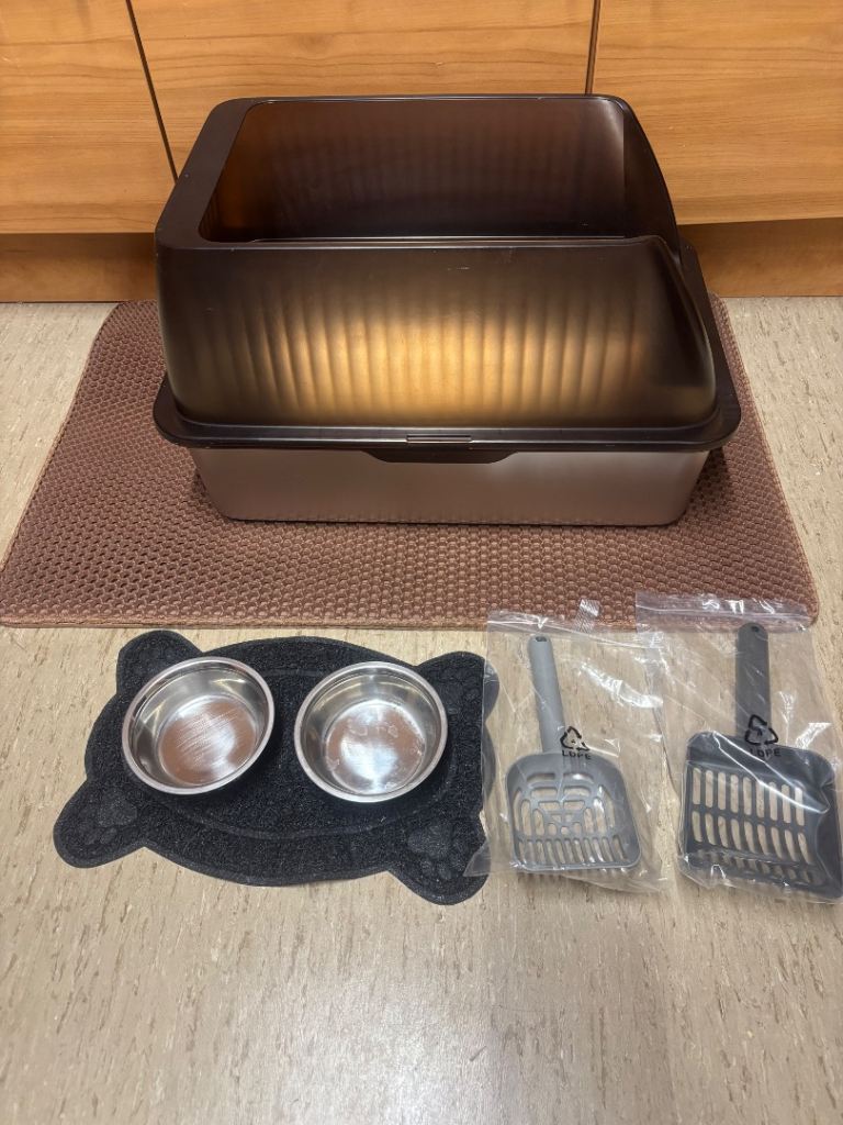 Cat’s stainless steel litter box with lid+new2x scoop,double layer litter,2xfood bowl with matt