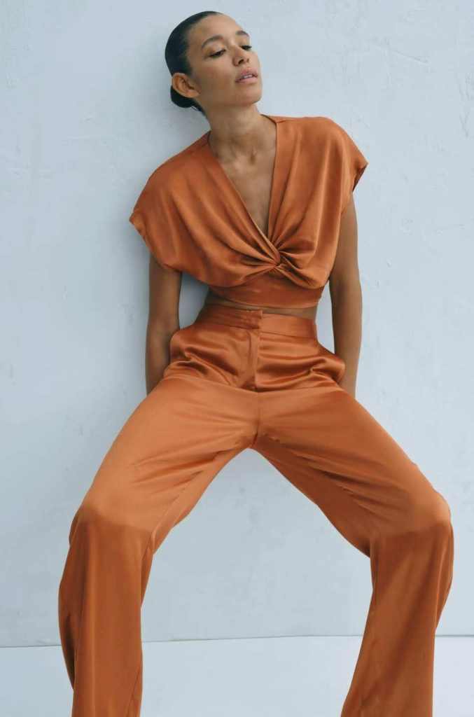 ZARA brown rust satin co-ord set crop top tie knot summer party sexy classy comfy holiday 