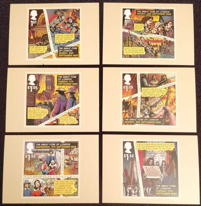 'Great Fire of London' and 'Battle of Britain' postcards /  sets. Unused, prepaid, Royal Mail issue.
