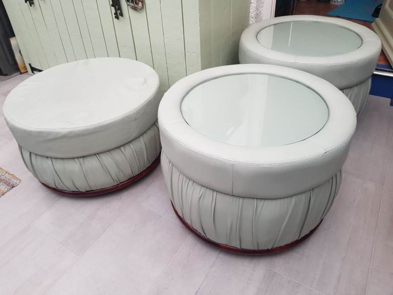 Cream Leather Round Coffee Lamp Table with Glass Top made by Frayling