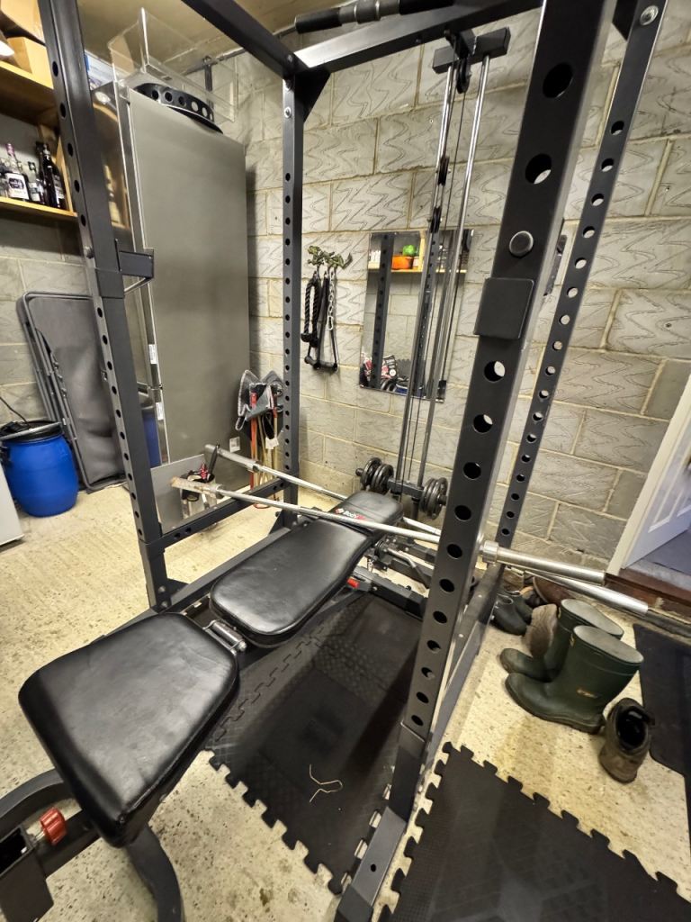 Squat Rack with Cable Attachments, Bench, Weights, Barbells and more!