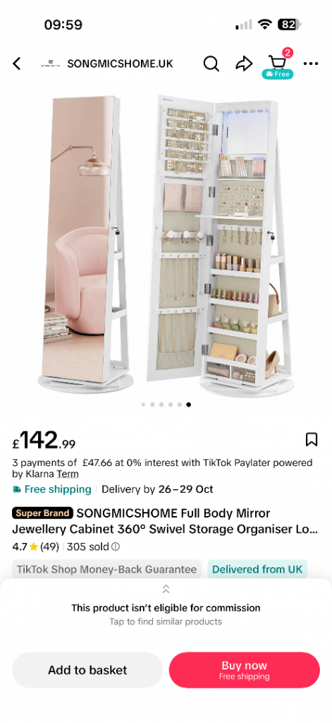 SONGMICSHOME Full Body Mirror Jewellery Cabinet – White, As Good As New