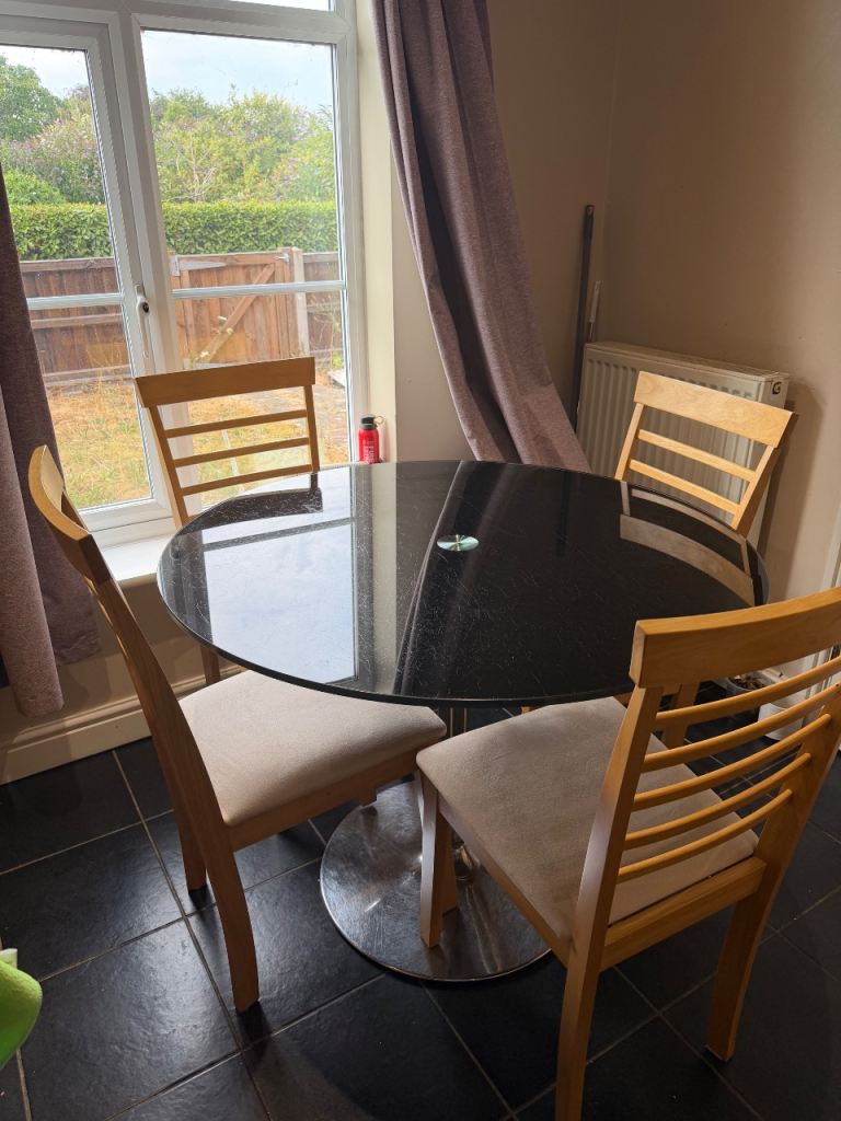 Black Glass Dining Table with 4 Wooden Chairs