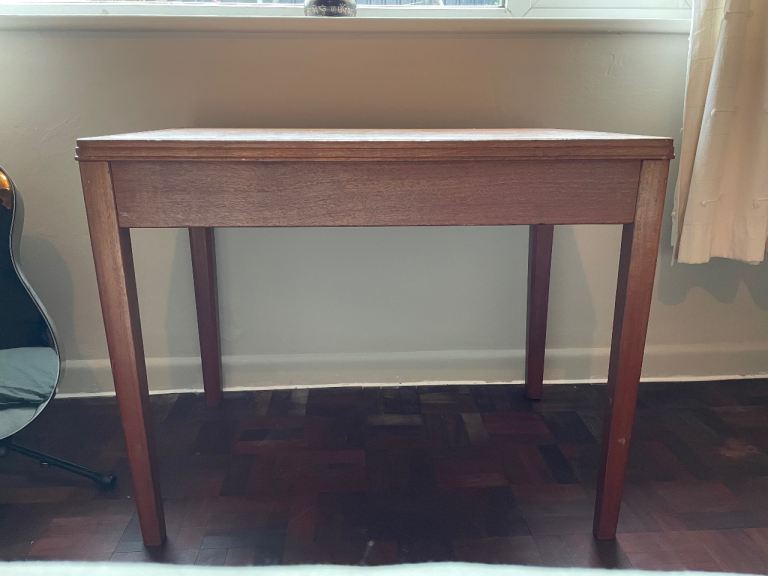 Solid teak midcentury writing desk / small table. Danish style, removable legs