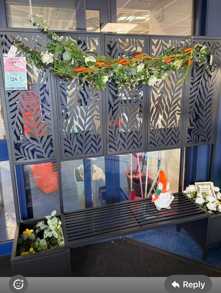 Grey Metal Garden Screen with Bench & Planters - Good Condition