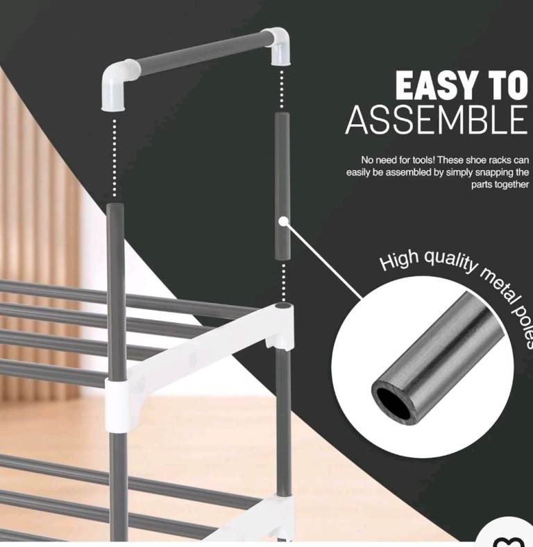 A new still boxed flat packed 3 tier grey plastic and metal shoe storage rack.