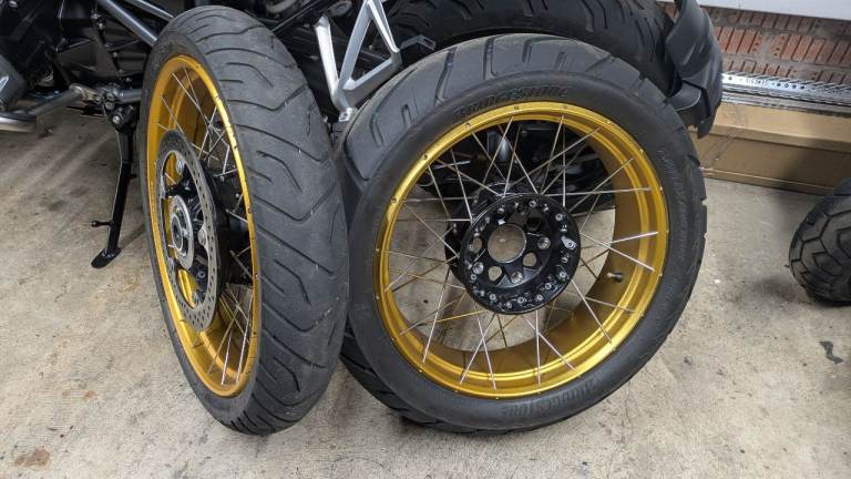BMW GS 1200 & 1250 gold spoked wheels with tyres and brake discs. Less than 1000 miles covered.