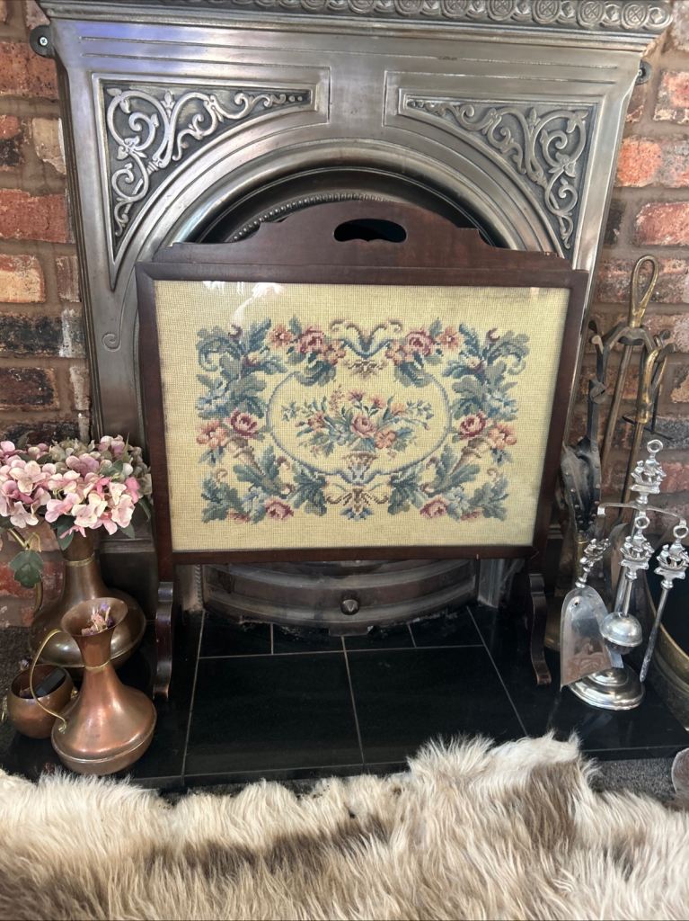Antique embroided floral fire screen 