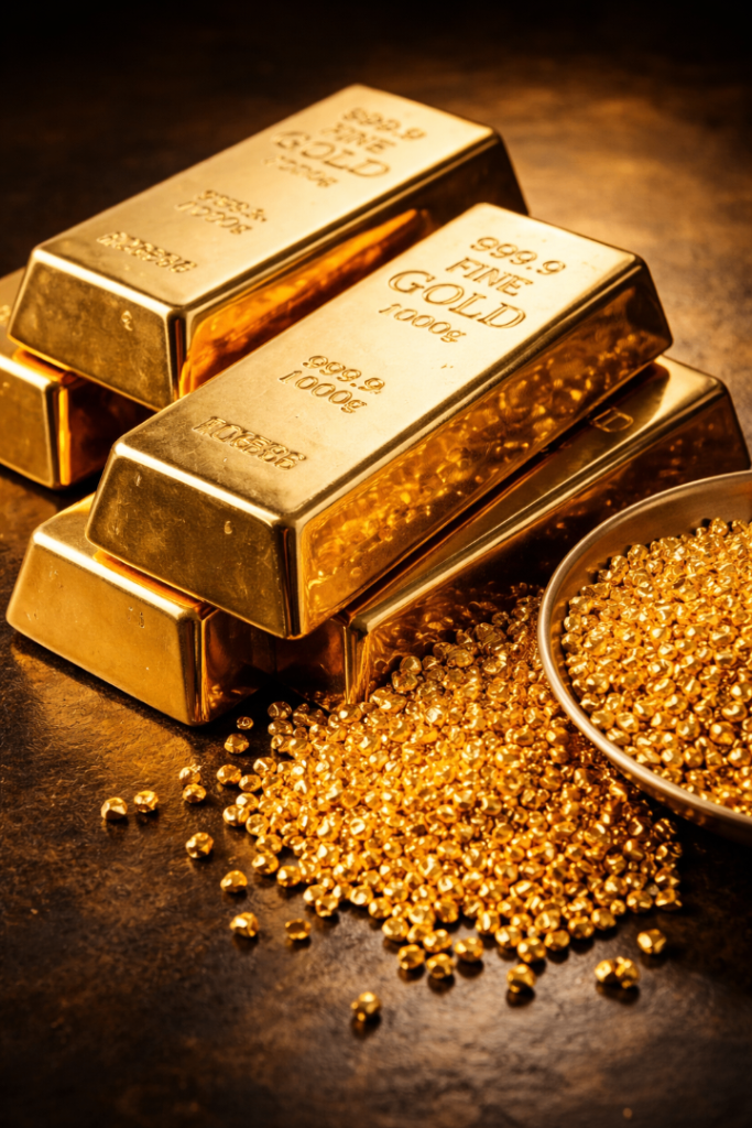 Pure gold grain and bars available for sale