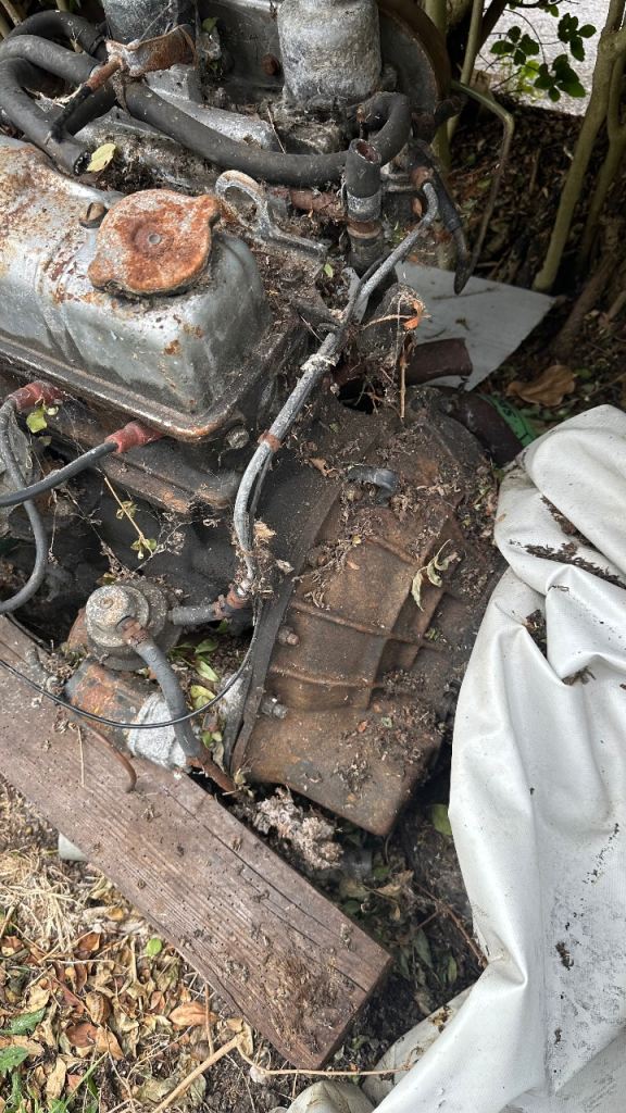 Triumph Dolomite car engine with overdrive gearbox + alternator + starter motor attached for sale. 