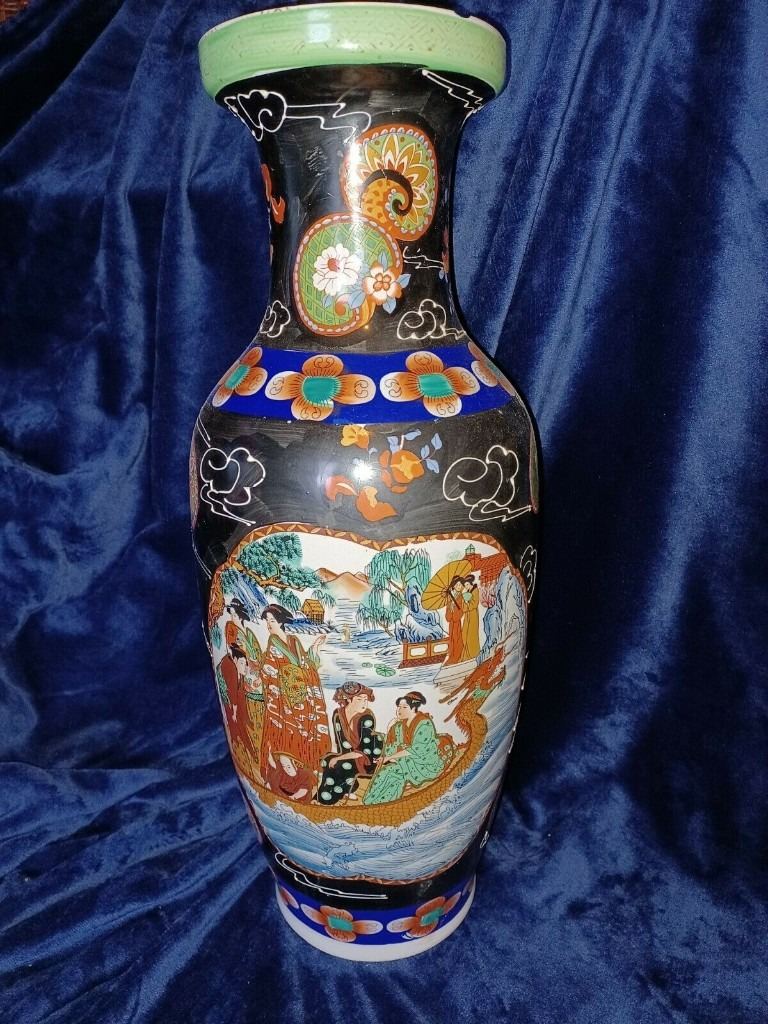 Vintage Chinese Hand-Painted Dragon Boat Ceramic Floor Vase Large 24" Tall