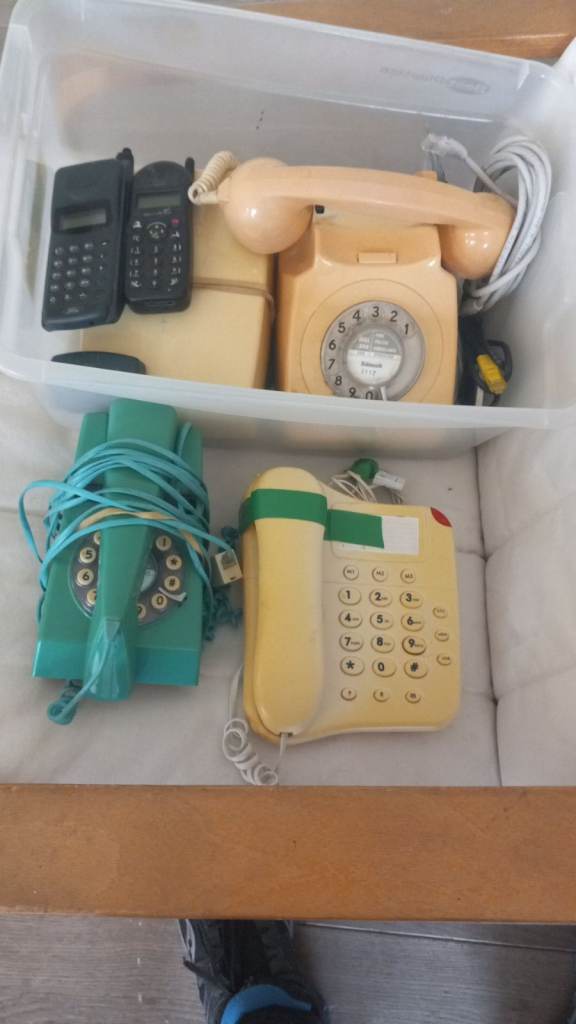 Classic BT Landline phones, external ringer extension and 2 early mobiles, collectibles