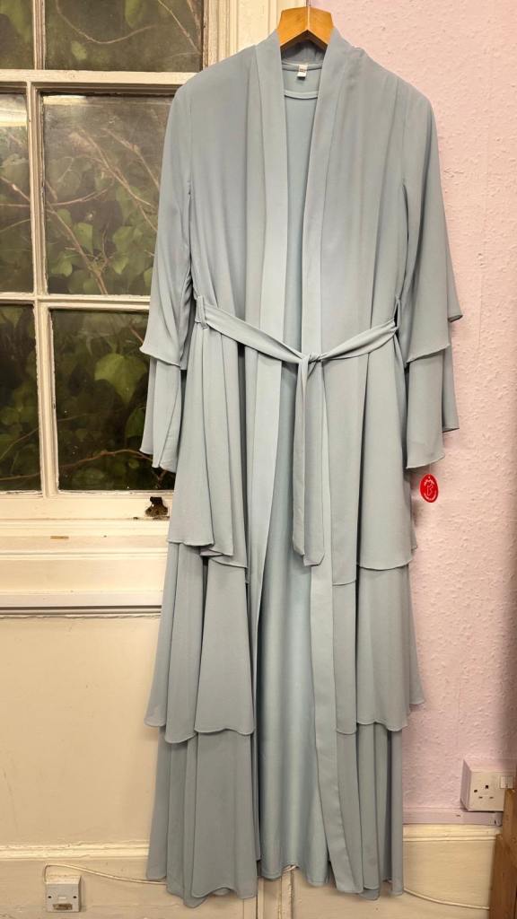 Woman’s Light Blue Maxi Dress / Abaya with Tiered Sleeves and Belt – Size M/L