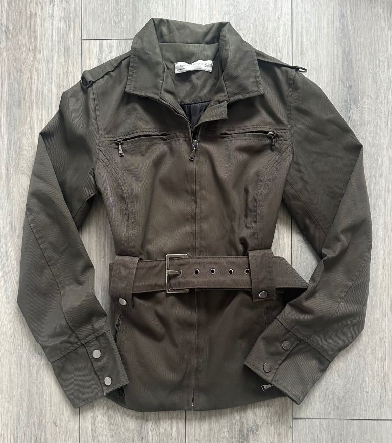 Zara safari military style jacket with zip up front and belt buckle detailing