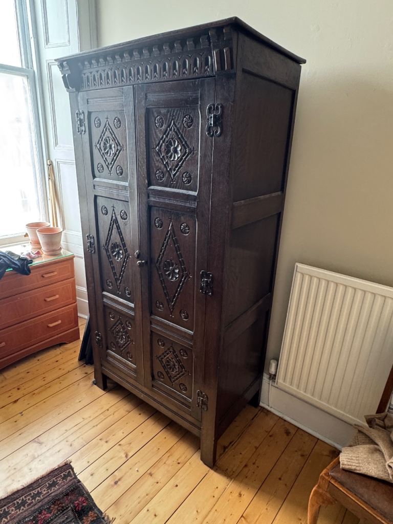 Antique Gothic Revival Carved Oak Wardrobe / Hall Cupboard