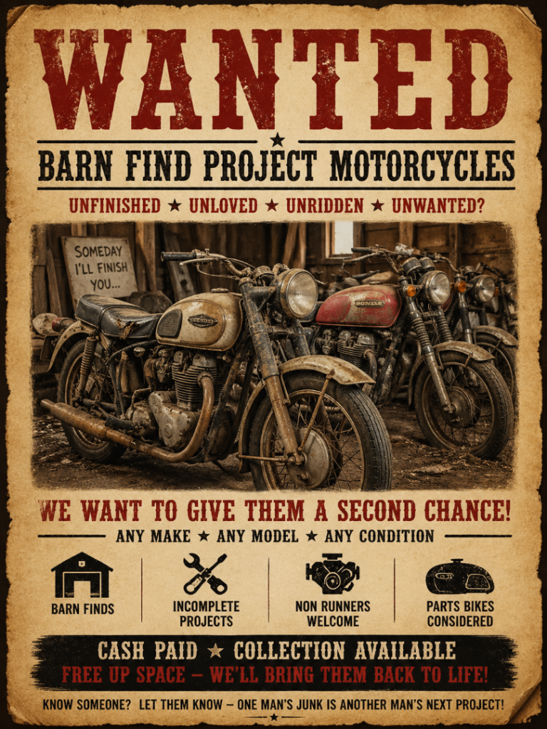 MOTORCYCLES WANTED projects, non runners, damaged, barn finds Harley Davidson Kawasaki Suzuki Honda 