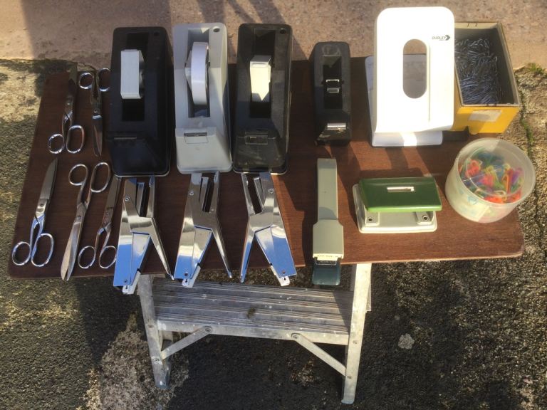 Office Staplers, Tape Dispensers, Scissors, Hole Punches, Filing Trays, Paper Clips.