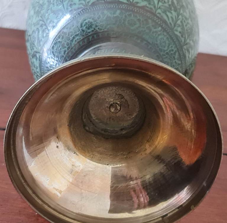 Vintage Niello Green Enamel & Brass Pot Vase