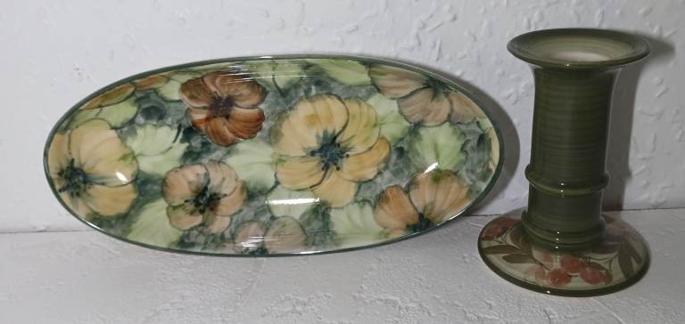 1970's hand painted Jersey Pottery Candlestick & Trinket dish
