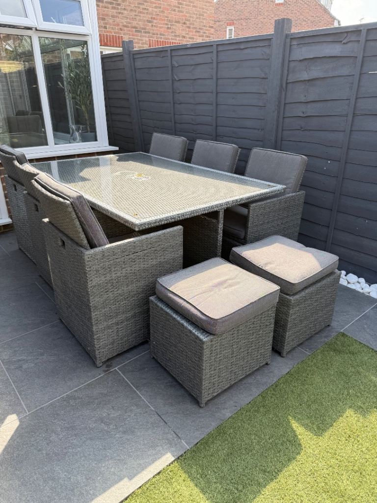 Large 10-12-Seater Rattan Cube Garden Dining Set – 6 Chairs, 6 Stools, Cushions Included: