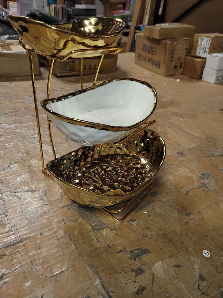 A new  Gold and white Fruit Bowl for Kitchen, 3 Tier Ceramic Bowl 