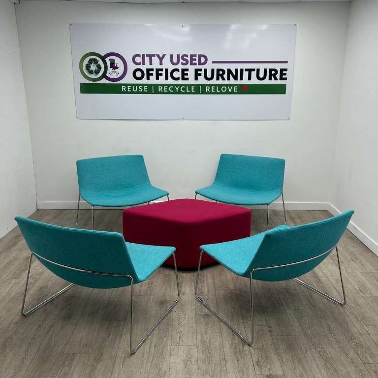 Arper Lounge Chair – Blue Fabric, Chrome Metal Skid Frame