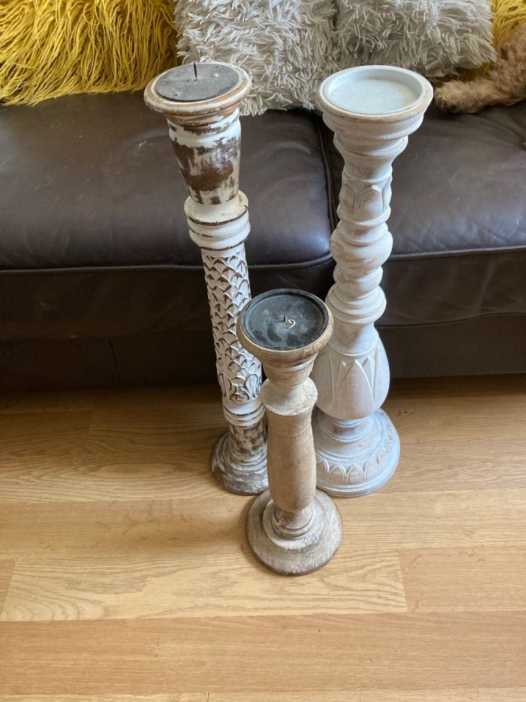 Set of 3 Rustic Wooden Candlesticks/Holders – Shabby Chic Decor
