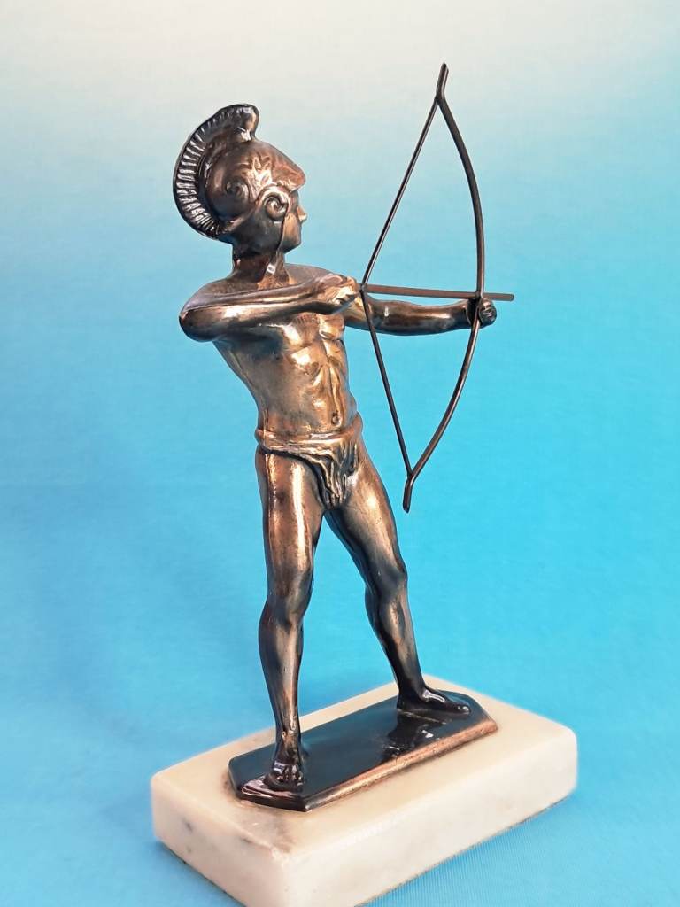 Vintage bronze Greek archer statue on marble based. known as "HELLENE BOWMAN